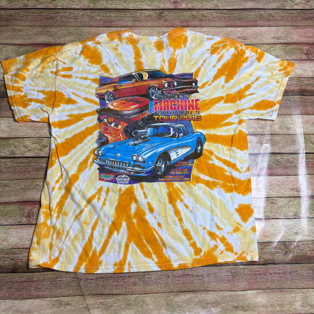 Street Machine Nationals Car Show Shirt • Yellow Orange Spiral Tie Dye • Size XL